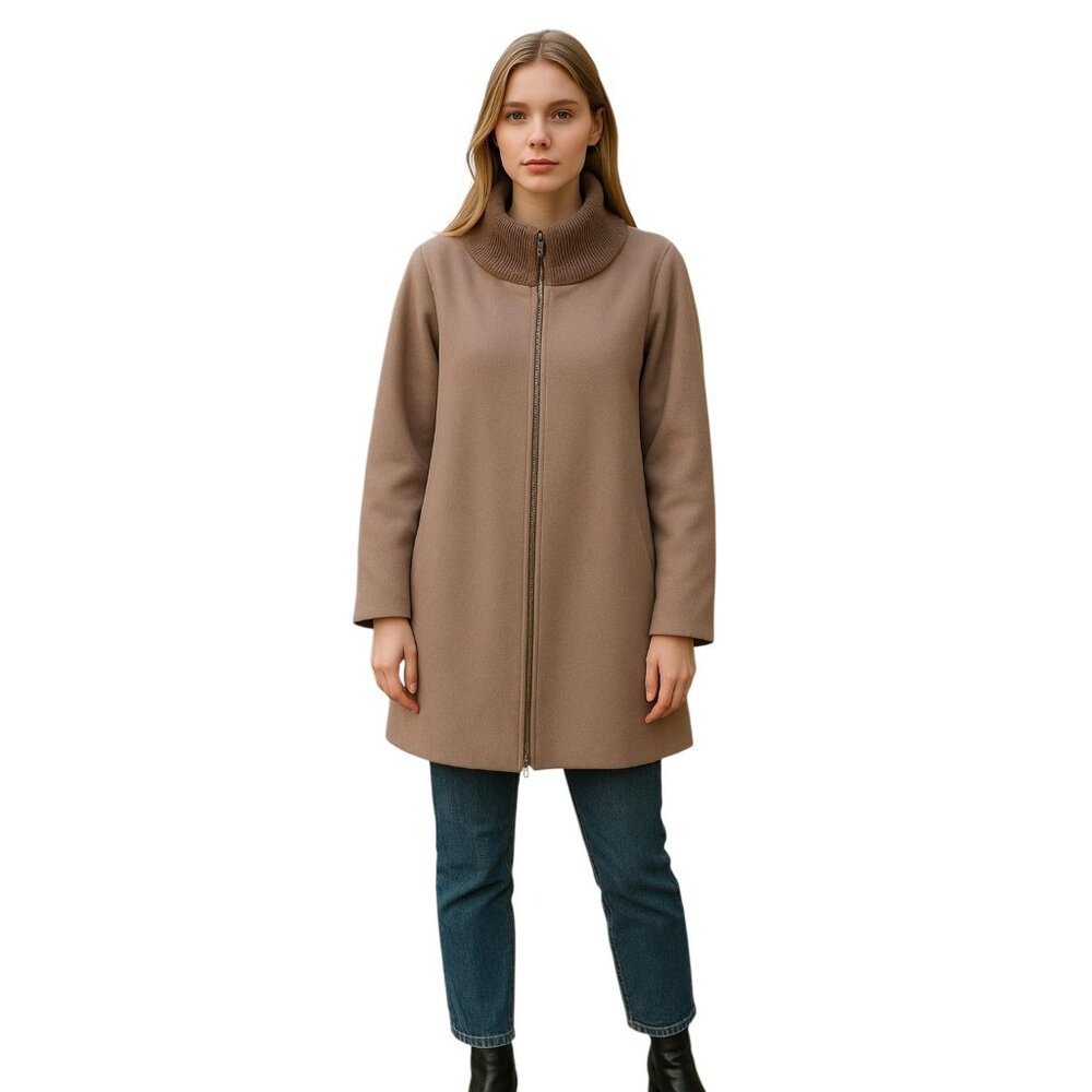 Loeffler Randall Wool Cashmere Jacket Brown Ribbed Funnel Collar Zip Coat 10